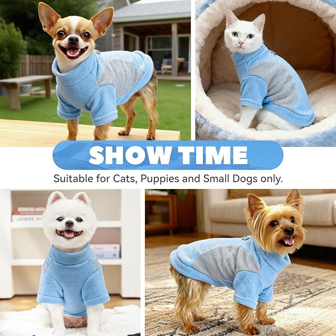 Small Fleece Dog Sweater with Leash Ring Soft Warm Fall Winter Dog Clothes Cute Cat Apparel Puppy Sweaters Classic Pullover Doggy Sweatshirts Chihuahua Costumes Cat Outfits(Blue,S)
