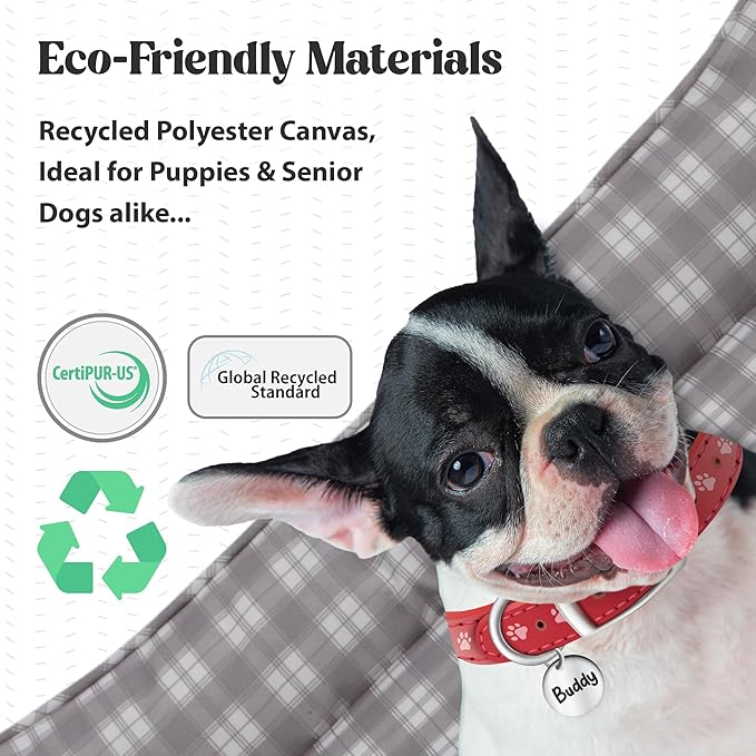 Pupstilo Orthopedic Bolster Dog Bed – CertiPUR-US Foam, Recycled Polyester Canvas, Washable Cover, Anti-Slip Bottom, Large, Grey Plaid – Stylish Designer Dog Sofa