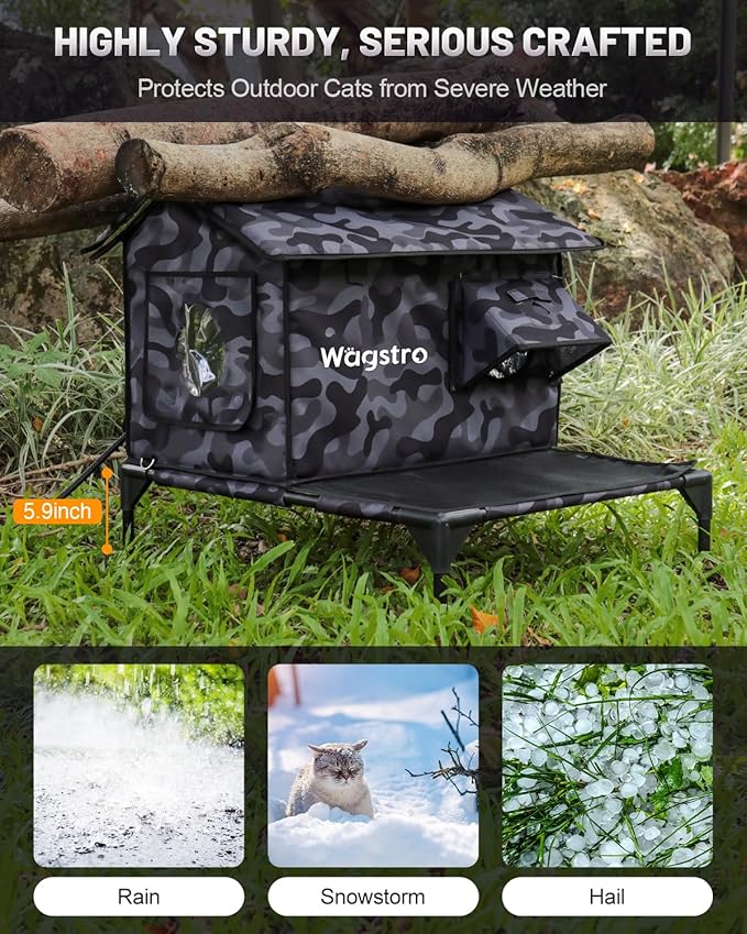 Wagstro Large Heated Cat House for Outside with Dampless Deck, Highly Elevated, Exit-Only Door, Waterproof Insulated Outdoor Cat Shelter for Feral Stray Barn Cat