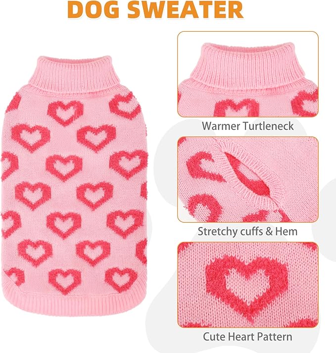 KOOLTAIL Valentine's Day Dog Sweater, Cold Weather Dogs Knitted Sweater Turtleneck Pullover, Pet Sweater with Heart Pattern, Warm Winter Clothes for Small Medium Large Dogs Cat Boy Girl, Pink L