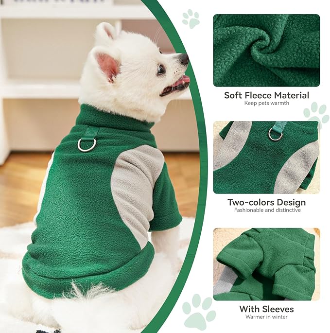 Small Fleece Dog Sweater with Leash Ring Soft Warm Fall Winter Dog Clothes Cute Cat Apparel Puppy Sweaters Classic Pullover Doggy Sweatshirts Chihuahua Costumes Cat Outfits(Green,L)