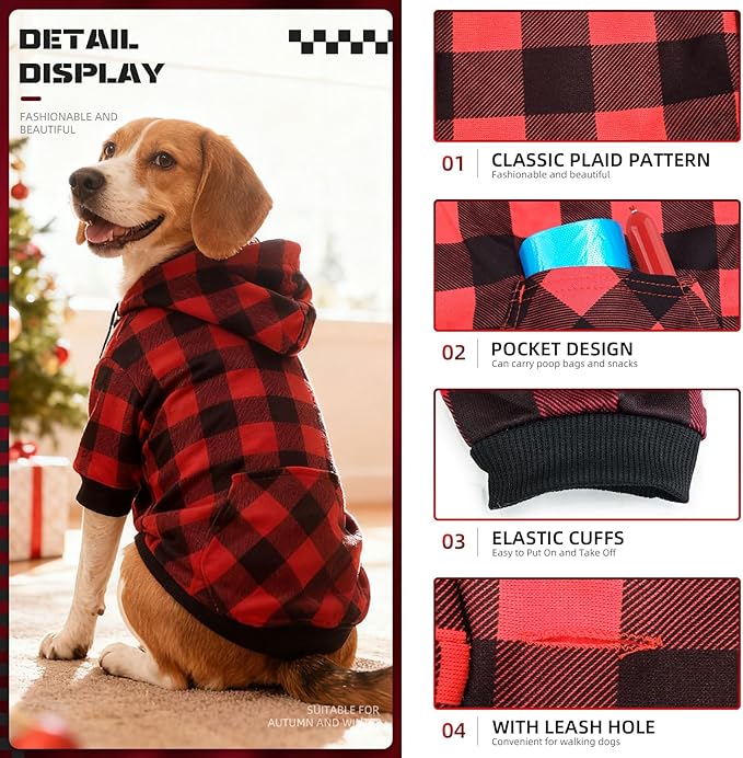 Red Plaid Dog Hoodie Soft Warm Fleece Lined Dog Sweater Hoodie with Leash Hole and Pocket Elastic Pet Coat Clothes Dogs Sweatshirt for Small Medium Large Size Dogs(Red A,X-Large)