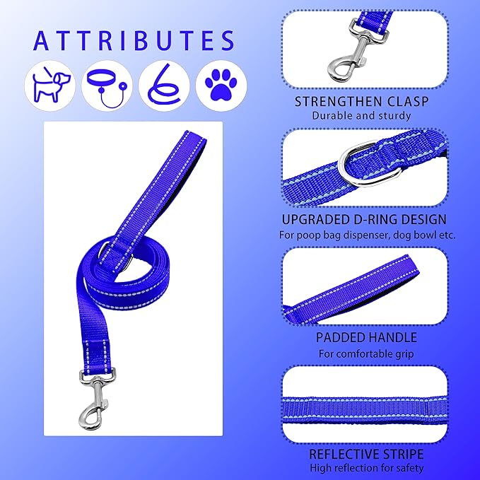 Reflective Dog Collar with Safety Locking Buckle, Adjustable Soft Breathable Nylon Collars for Small, Medium and Large Dogs(Collar+Leash XL Navy Blue)