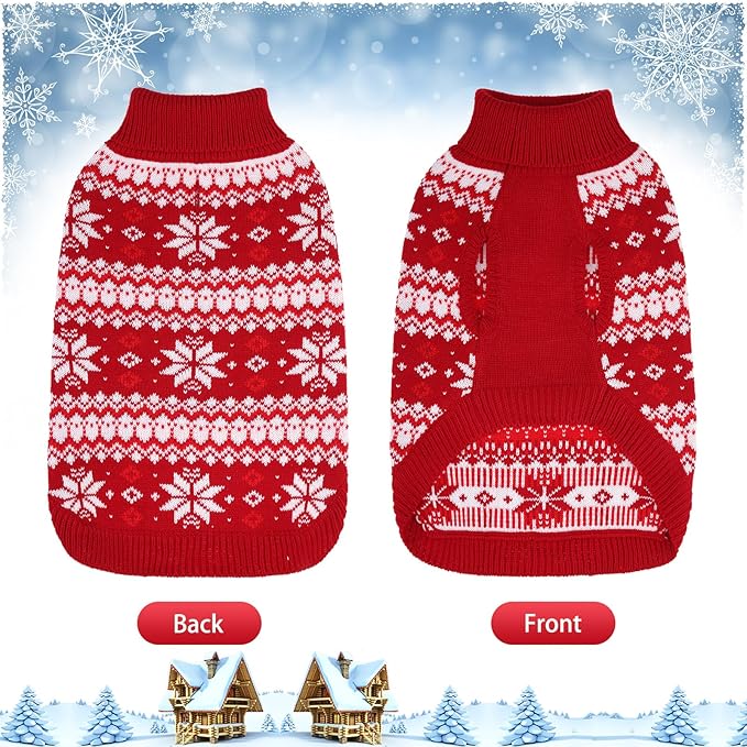 KOOLTAIL Cable Knit Small Dog Sweater Turtleneck, Cold Weather Pullover Classic Knitwear with Leash Hole, Snowflake Pattern Thick Warm Winter Pet Clothes, Medium Dog Christmas Sweater, Red SM