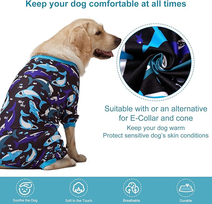 LovinPet Dog Pjs Large Breed - Pet Anxiety Relief, Anti-Shedding Dog Pajamas, Lightweight Stretchy Fabric, Whale Hello There White Print, Large Pitbull Pajamas, Pitbull Clothes All Season/Medium