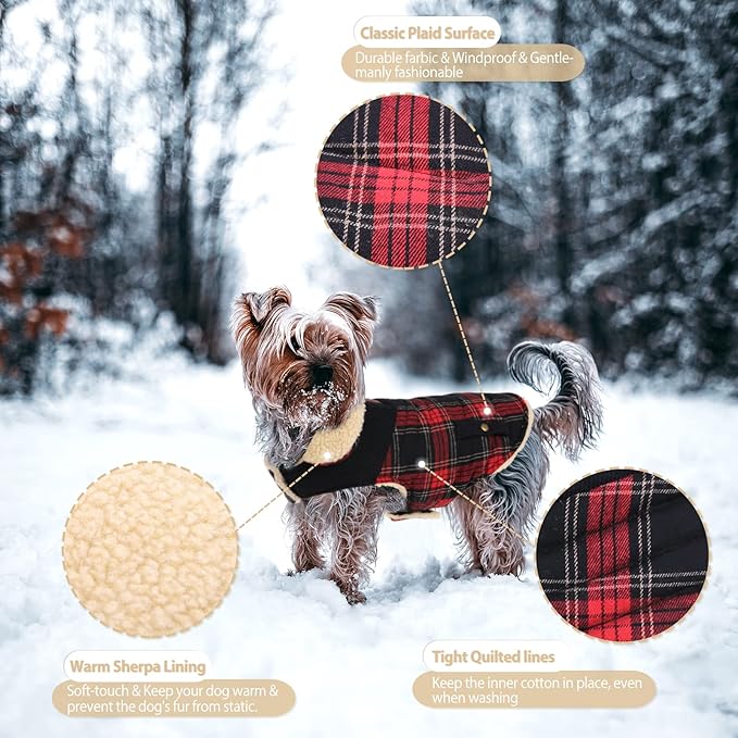 Winter Coat for Small Dogs, Puppy Plaid Jacket, Cotton Coat for Cold Weather, Windproof Warm Dog Garments, Pet Thickened Outfits Indoor Outdoor, Red XS