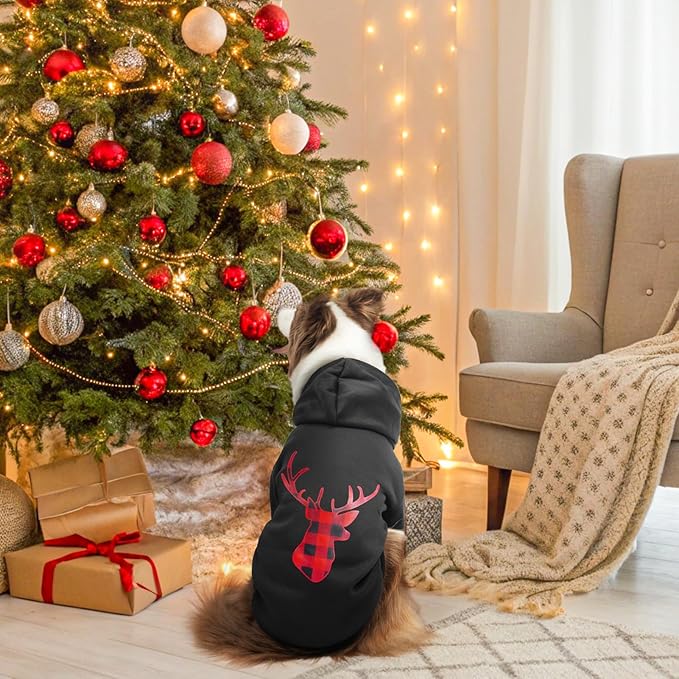 SCENEREAL Christmas Dog Hoodie with Leash Hole, Warm & Soft Fleece Pet Sweater & Sweatshirt for Small Medium Large Dogs, Xmas Elk Print Pets Clothes Cold Weather Costume, XS