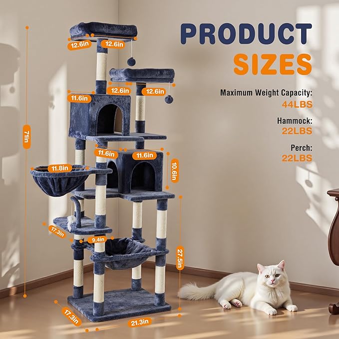 Aidoly Large Cat Tree 71 Inch, Multi-Level Tall Cat Tree Tower with Condo, Perches, Sisal Scratching Posts and Hammock, Pet Play House with Dangling Balls for Indoor Cats, Dark Grey