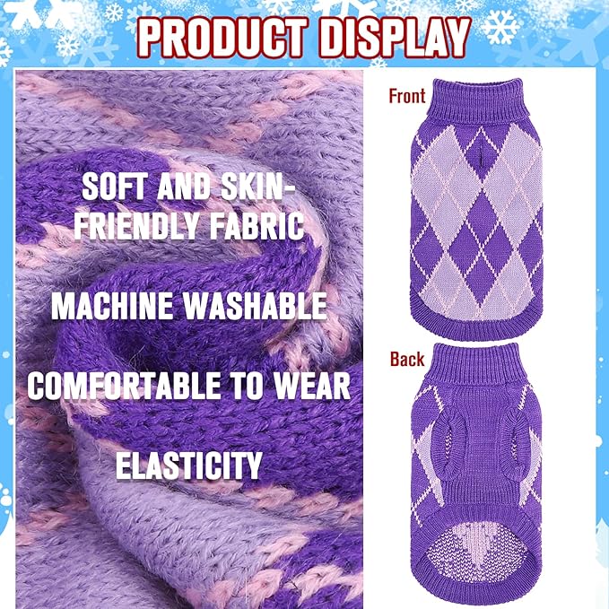 KOOLTAIL Small Dog Sweater, Knit Turtleneck Cold Weather Dog Sweaters for Medium Large Dogs,Soft Diamond Plaid Pullover Knitwear Pet Winter Warm Clothes,Pet Coat Puppy Sweater for Girls Boys,Purple XS