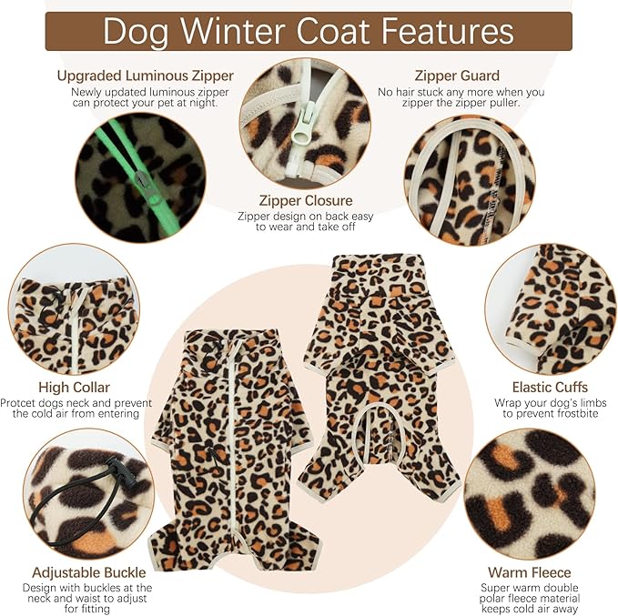 ROZKITCH Dog Winter Coat with Legs, Pet Windproof Warm Cold Weather Jacket Vest with Luminous Zipper, Jumpsuit Apparel Outfit Clothes for Small Dog Brown 2XS