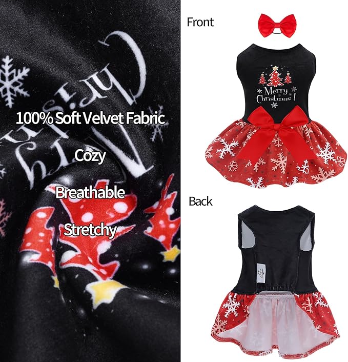CuteBone Christmas Dog Dresses Velvet Holiday Small Dogs Clothes Onesie Pet Apparel Girl Puppy Skirt with Bow Hair Rope CVA54S-D