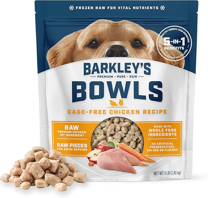 Barkley’s Bowls, Frozen Raw Chicken Dog Food, Fresh Whole Food Ingredients with Cage-Free Chicken, Grain Free, High Protein for Balanced Nutrition, Frozen Meals with Human Grade Ingredients, 4 lb Bag