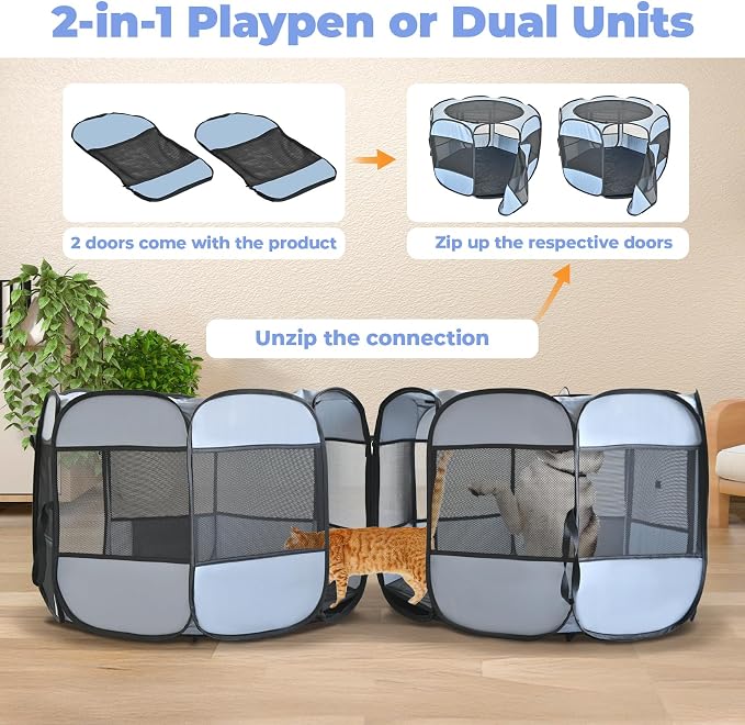 2-in-1 Cat Playpens, Detachable into 2 Separate Playpens with Additional 2 Doors, Portable Dog Playpen Cat Tent Enclosure for Kitten and Puppy Indoor Outdoor Use(S)