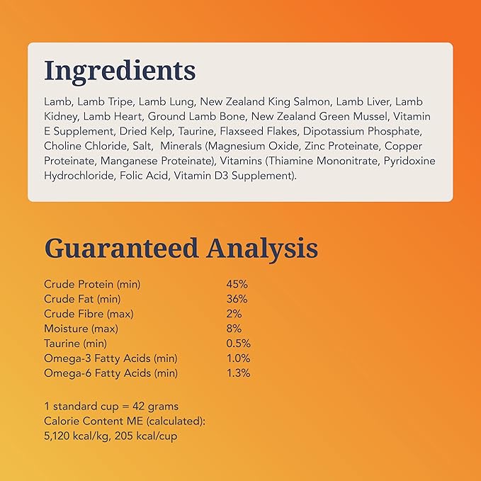 Feline Natural High Protein Dry Cat Food, Freeze-Dried Diet with 98% Meat, Organs & Seafood, No Peas, Grains, or Artificial Additives, Made in New Zealand, Lamb & King Salmon, 1.8lb