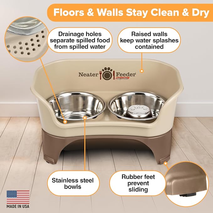 Neater Feeder - Express Model w/Slow Feed Bowl - Mess-Proof Dog Bowls (M/L, Cappuccino) Made in USA –Elevated, No Spill, Non-Tip, Non-Slip, Raised Stainless Steel Food/Water Pet Bowls Aid Digestion