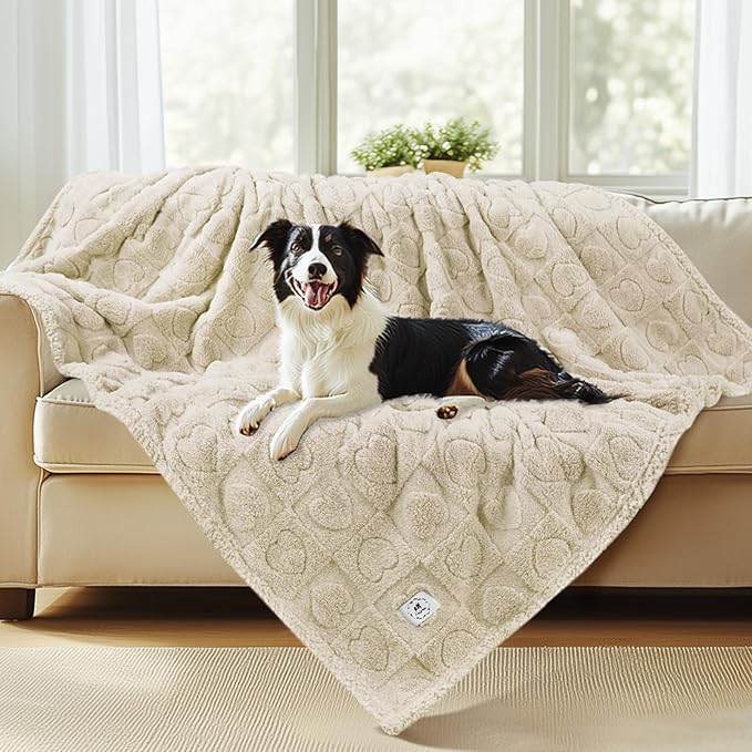 Luciphia Waterproof Dog Blanket for Medium Large Dogs Washable Bed Couch Protector Soft Fluffy 3D Heart Jacquard Pet Blanket with Sherpa Fleece Cozy Calming Throw Blankets, Beige 65x57 inch