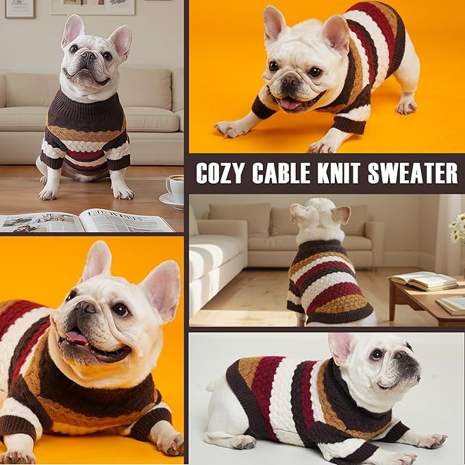 Dog Sweater, Pet Cable Knitted Turtleneck Sweater for Small Medium Dogs Boy Girl, Winter Dog Pullover Sweater with Legs, Classic Comfy Thick Outdoor Pet Clothes(Brown, Medium)