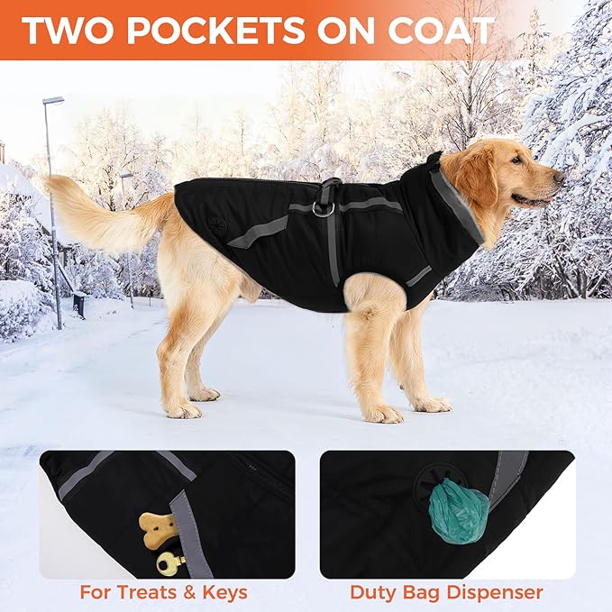 Mihachi Large Dog Coat with Harness Built in, Warm Dog Winter Coat with Pockets for Dogs, Waterproof Reflective Fleece Vest with Zipper, Pet Windproof Warm Cold Weather Jacket Snowsuit Outfit,Black XL