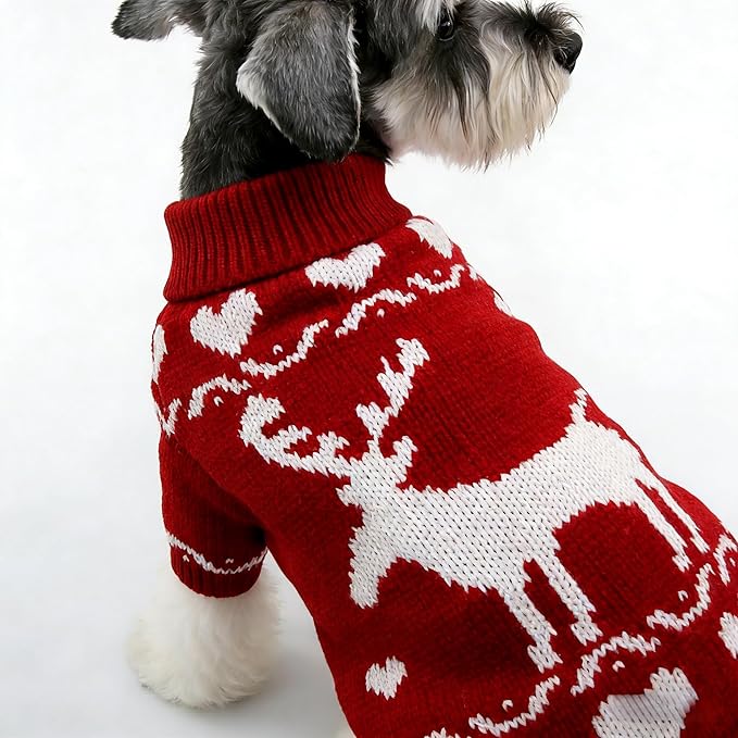 Small Dog Cold Weather Sweaters – Warm Knit Turtlenecks, Cozy Pet Pullovers Dog Clothes with Leash Hole for Chihuahua Bulldog Pug Beagles (White/Red, Large)