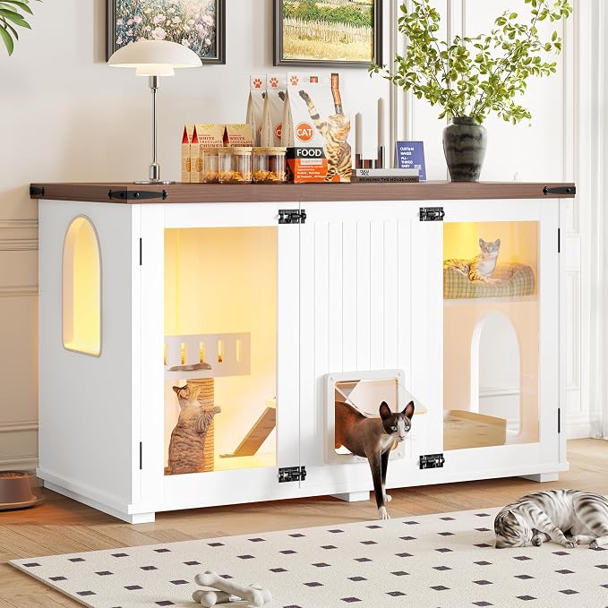 Large Cat Litter Box Enclosure with LED Light, 47.25 Inch Hidden Litter Box Furniture, Cat House with Stairs and Scratching Post, White Cabinet Side Table with Smart Doors