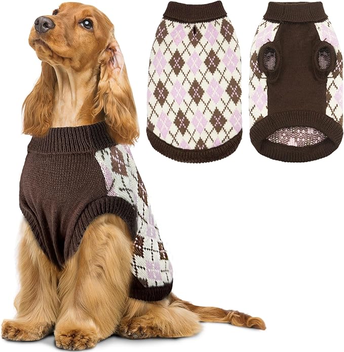 Dog Sweater, Soft Dog Sweaters for Small Medium Dogs Cats Girl Boy, Classic Knitted Turtleneck Winter Pet Clothes for Dogs Girl Boy, Christmas Puppy Kitten Sweater with Leash Hole, Brown, Large
