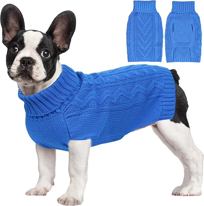 Dog Sweaters for Small Dogs Warm Dog Clothes Winter Chihuahua Clothes Girl Boy Puppy Sweater Cable Knitted Doggy Coat Soft Mini Dachshund Sweater with Turtleneck Pullover Design (Blue, Large)