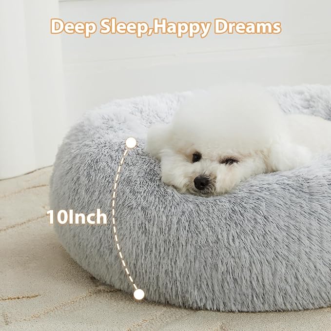 WNPETHOME Calming Dog Bed Cat Bed Donut, Faux Fur Pet Bed Self-Warming Donut Cuddler, Comfortable Round Plush Dog Beds (30 x 30 x 10 Inch, Light Grey)