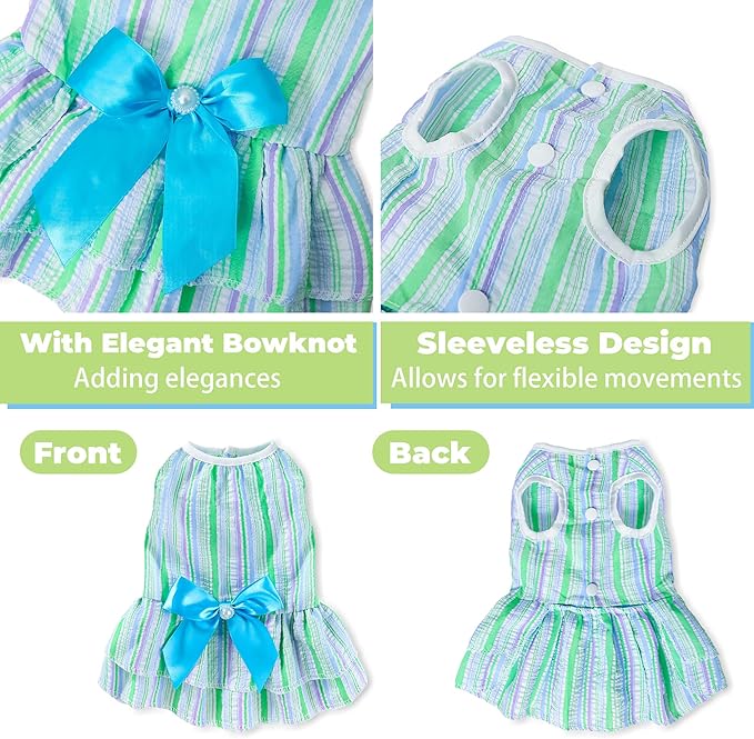 Dog Dress, Cute Pet Princess Dresses with Bright Color Design, Sweet Bowknot, Dog Clothes for Small Dogs Girl, Breathable & Lightweight, for Spring Summer, 2 Pack (Green Blue, Small)