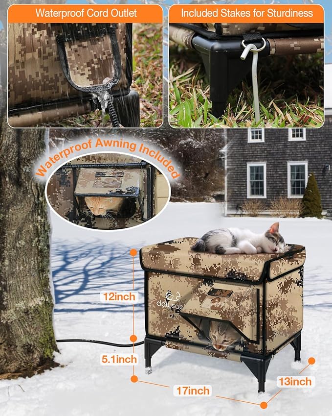 Indestructible Heated Cat House for Outside Winter, 100% Waterproof, Safe Escape Door, Insulated Outdoor Cat Shelter with Heater for Feral Barn Cat Kitty (Desert Camouflage, 12"x16"x18")
