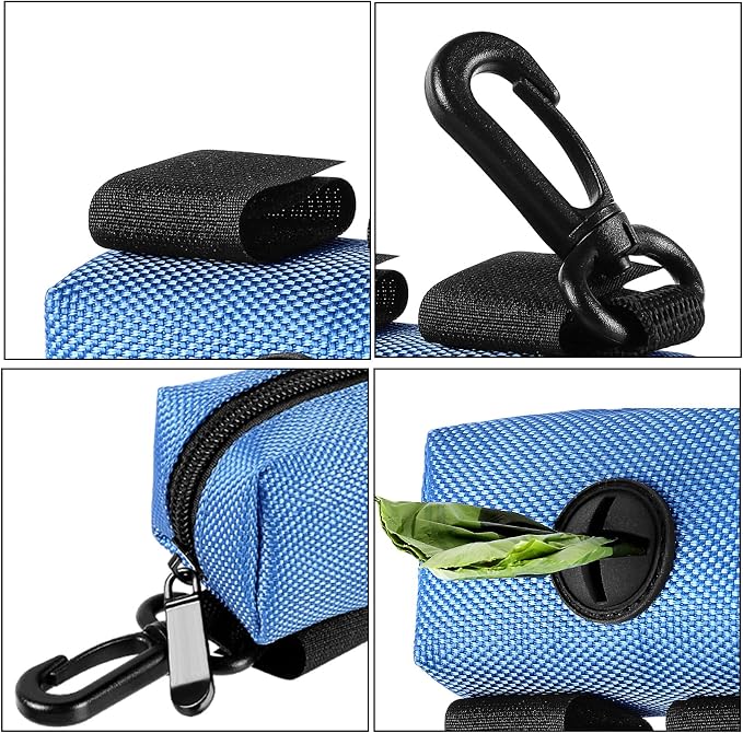 Dog Waste Bag Dispenser Pet Poop Bags Holder for Doggie Waste Bags Dispensers Soft Fabric Zipper Small Doggy Puppy Pouch for Leash Accessory Attachment with Carrier,2PCS Blue&Black