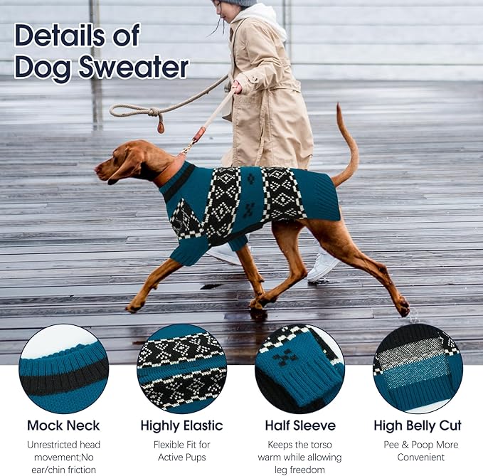 IECOii XXXL Dog Sweater for Extra Large Dogs Boy, Big Boy Dog Winter Sweaters with Mid Neck, Doberman Sweater for Dogs Large Breed, Easy On Pullover Knitwear for Cold Weather, Turquoise, 3XL