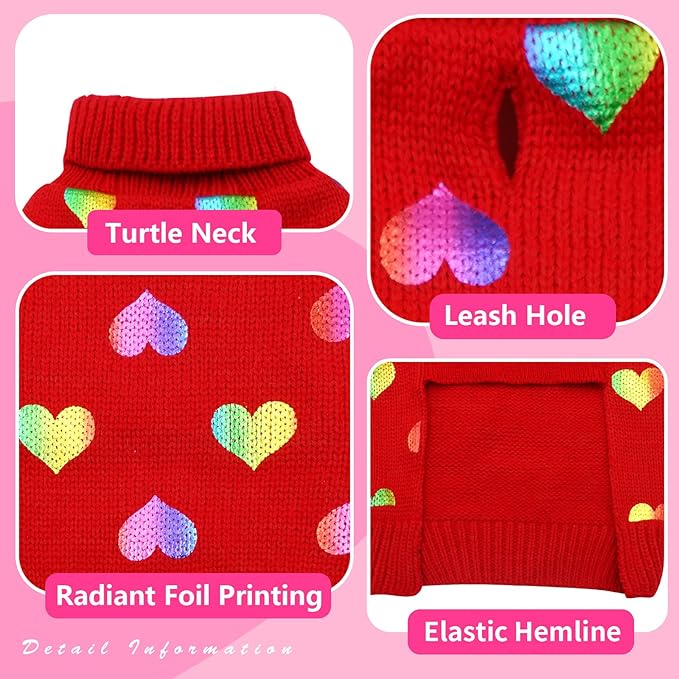 KYEESE Valentines Dog Sweater, Comfy Dogs Coat with Leash Hole, Stretchy Pullover Dog Sweaters for Small Dogs, Soft Turtleneck Small Pet Sweater, Warm Puppy Clothes with Heart Sequined Printing, XS