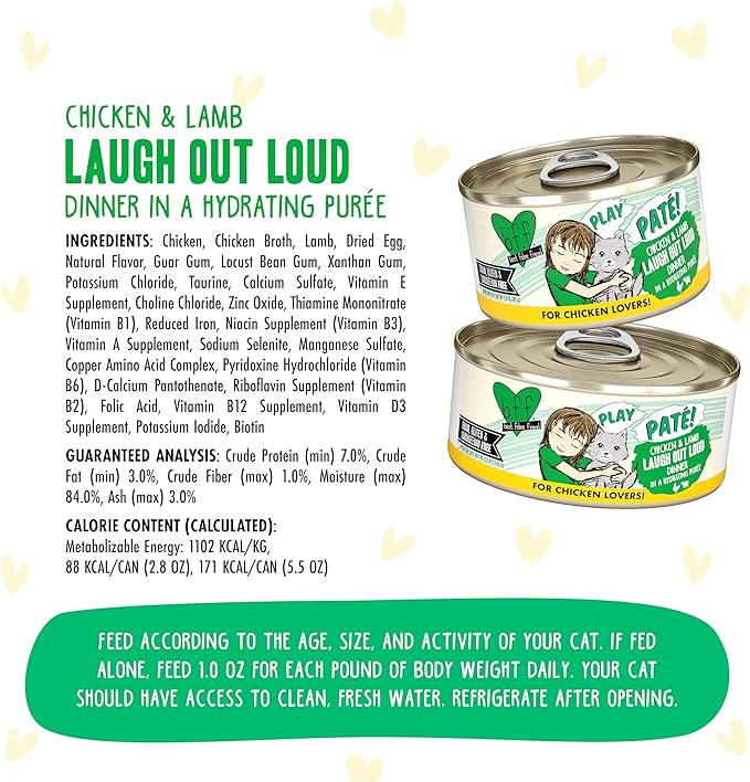 Weruva B.F.F. Play - Best Feline Friend Paté Lovers, Aw Yeah!, Chicken & Lamb Laugh Out Loud with Chicken & Lamb, 2.8oz Can (Pack of 12)