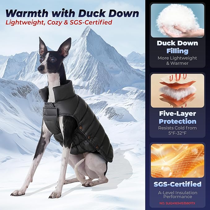 SPACE LION Dog Puffer Jacket, Down Winter Coat, Durable Outdoor Coat for Cold and Windy Conditions, Lightweight & Adjustable Fit Coats for Medium Dogs, (Black, Size14/L)