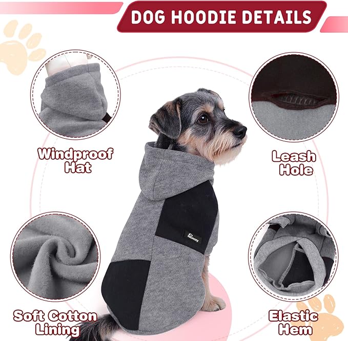 Dog Hoodie with Fleece Lining - Premium Winter Warm Dog Sweater for Small, Medium Dogs, Puppy - Dogs Sweatshirt Contrast Color Design (Grey&Black, M)