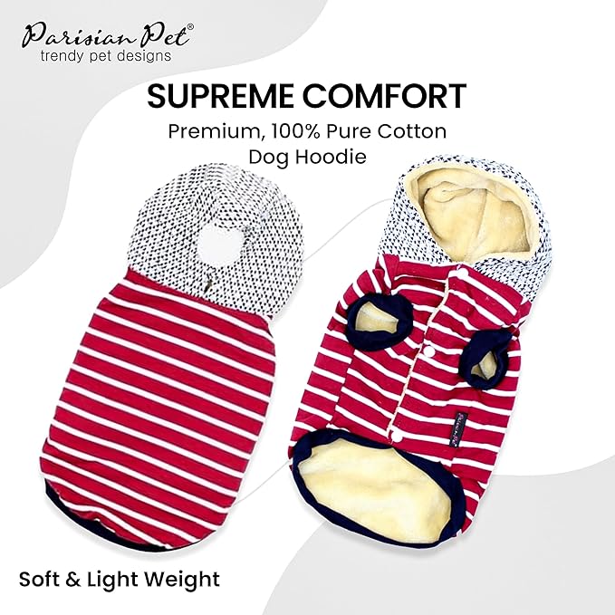 Parisian Pet Basic Dog Hoodie - Lightweight Red Striped Pom Pom Hoodie - Dog Sweatshirt - Pullover Hoodies for Dogs with Leash Hole and Pockets - Clothes for Small Dogs - S
