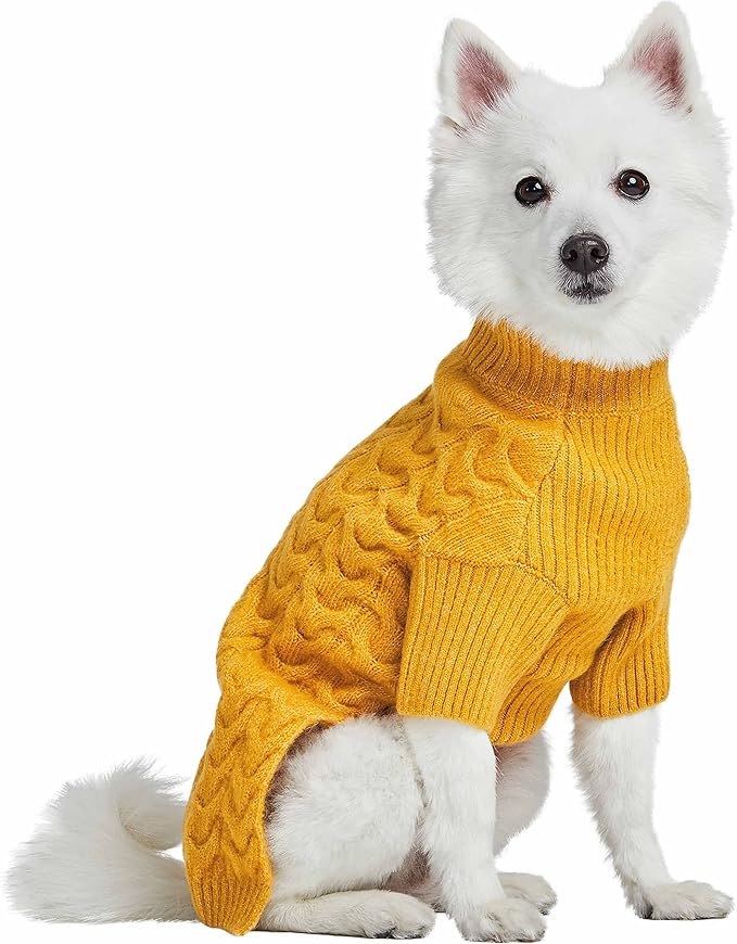Blueberry Pet Classic Fuzzy Textured Knit Pullover Turtle-Neck Dog Sweater in Mustard Yellow, Back Length 14", Pack of 1 Clothes for Dogs