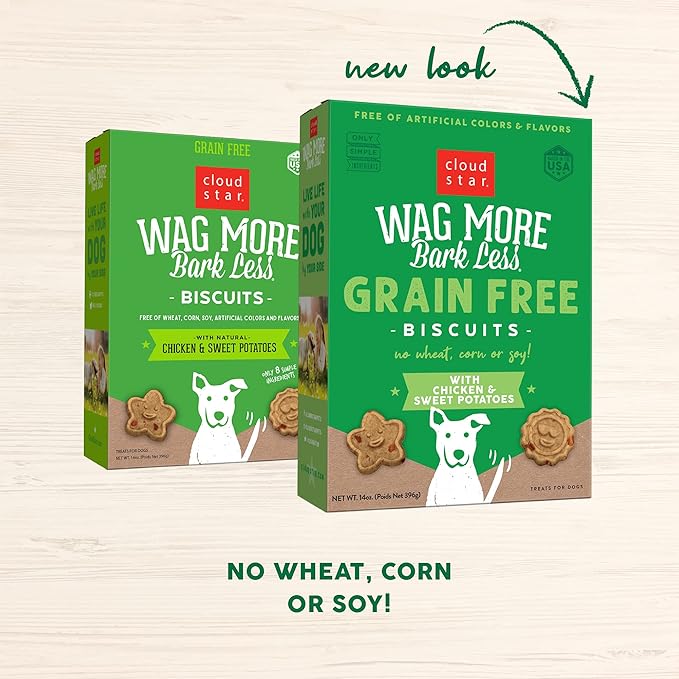 Cloud Star Wag More Bark Less - Dog Treats - Crunchy Biscuits - Grain Free Chicken & Sweet Potato - 14 oz Box (Pack of 2)
