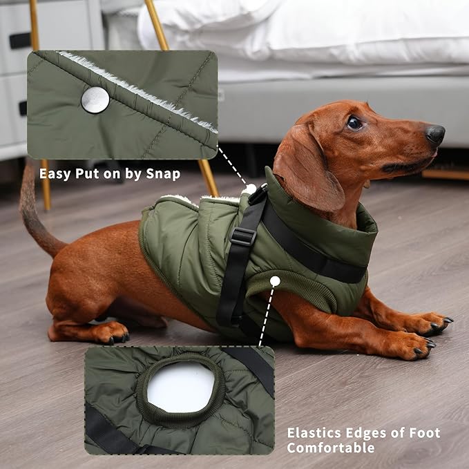 Dog Jacket with Harness,Fleece Lined Warm Puppy Coat for Winter,Soft Windproof Medium Dog Vest,Green XL