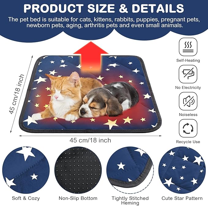 Namalu 4 Pack Self Warming Cat Bed Self Heating Cat Mat Star Pattern Soft Dog Crate Pad Thermal Pet Mat Anti Slip Kennel Dog Washable Warming Bed for Outdoor Indoor(18 x 18 Inch,Blue)