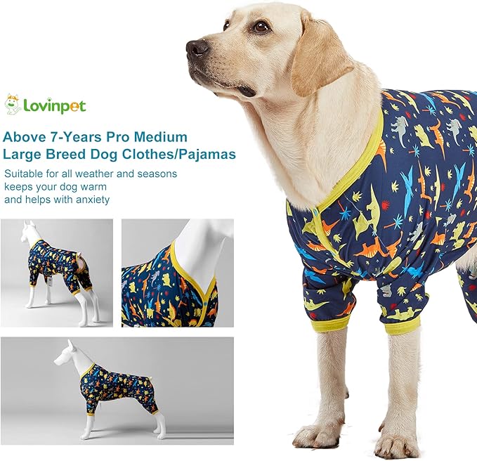 LovinPet Big Dog Pajamas for Large Dogs/Prehistoric Adventure Dinosaur Navy Print/Lightweight Stretchy Knit Pullover Dog Clothes/Large Dog Onesie, Pet Pajamas for Dogs, Pet PJ's /3XL