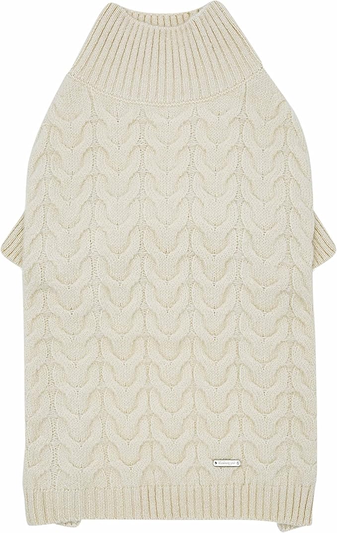 Blueberry Pet Classic Fuzzy Textured Knit Pullover Turtle-Neck Dog Sweater in Ivory, Back Length 16", Pack of 1 Clothes for Dogs