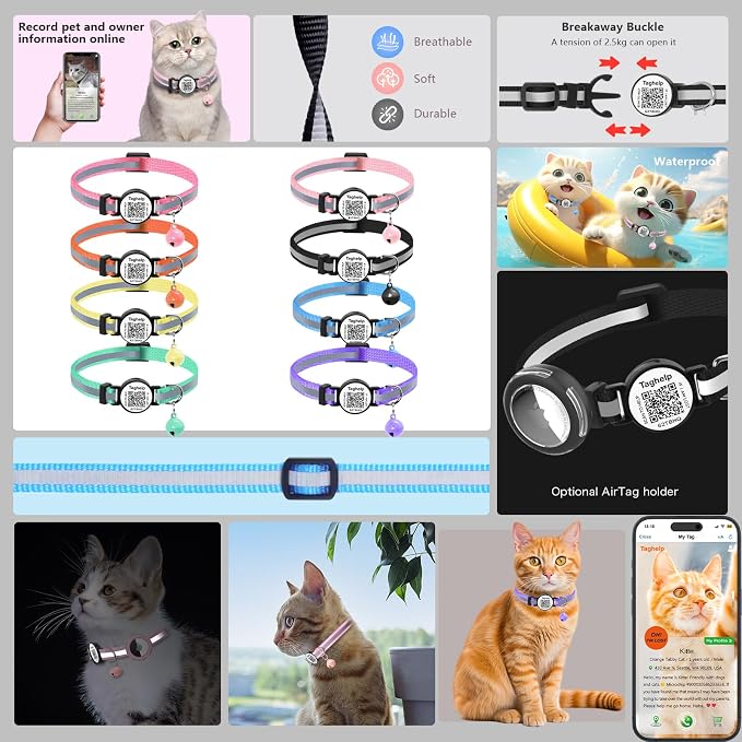 2 Pack Airtag Cat Collar, Breakaway Cat Airtag with Smart ID tag & QR Code Reflective (Reflective Strip & Paw Pattern - Blue, Collar Only)