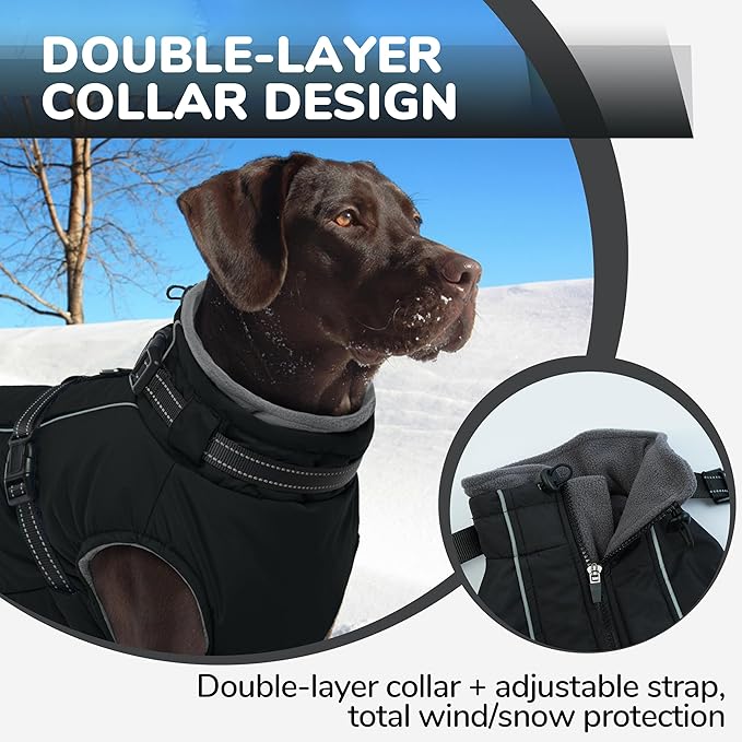 PUMYPOREITY Snow Jacket for Large Dogs Waterproof, Warm Dog Winter Coat with Harness Built in, Fleece Jacket with Back Zipper, Cold Weather Coats for Outdoor, Windproof Pet Snowsuit, Black, 2XL