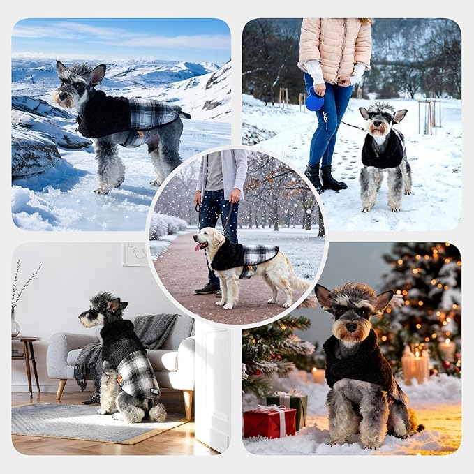 FOFOS Dog Winter Coat, Plush Dog Jacket with Leash Hole, Adjustable Warm Pet Snow Vest for Small Medium Dogs, Black, M