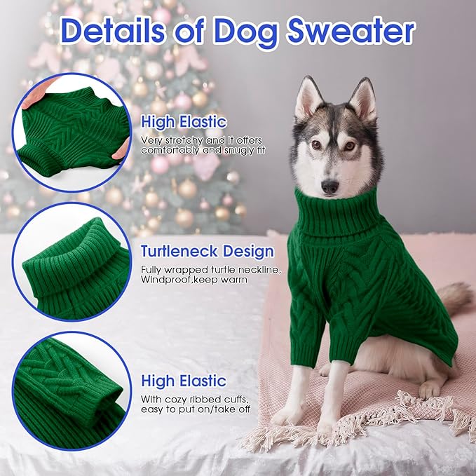 ASENKU Extra-Large Dog Sweater, Dog Sweaters for Extra Large Dogs, Pet Sweatshirt Apparel Turtleneck Pullover Winter for Doberman, Great Dane (Dark Green, 3XL)