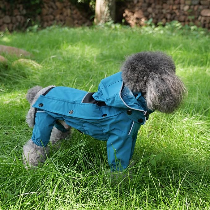 LOVELONGLONG Waterproof Dog Raincoat with Removable Hood – Outdoor Full Body Dog Jacket, Windproof Snowproof Shell Suit – All Season Pet Rain Gear Ocean Teal 3XL
