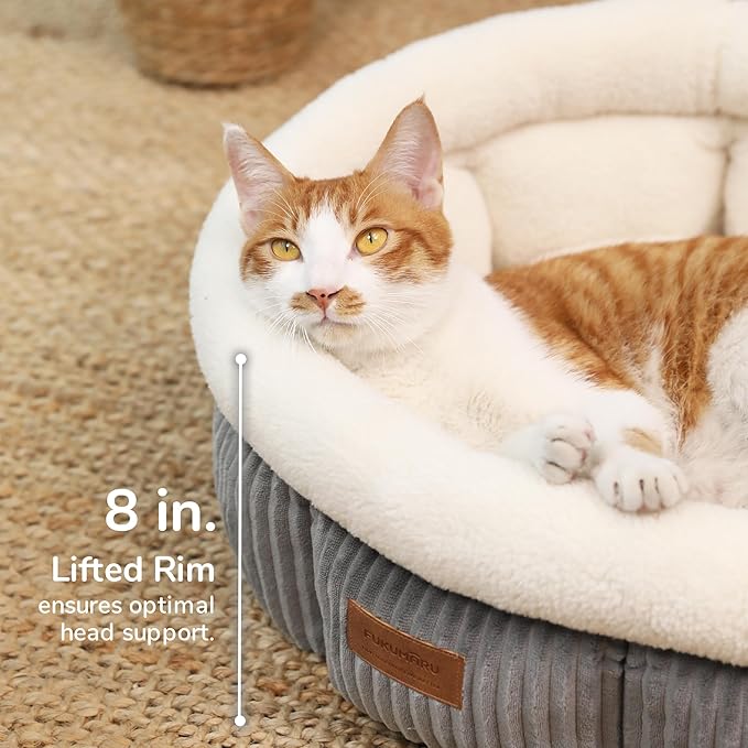 FUKUMARU Cat Bed, Corduroy Round Cat Beds for Indoor Cats, Washable Fluffy Pet Bed for Cats and Puppy, Soft Cute Small Dog Beds, Grey