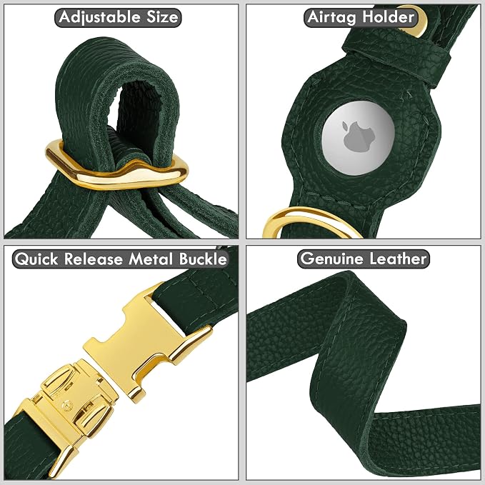 Leather Airtag Dog Collar - Soft Tracking Dog Collar with Apple AirTag Holder and Metal Buckle - Safety GPS Pet Collars for Small Medium Large Dogs Puppy Pink Red (Green, L, 17"-21" Neck Fit)