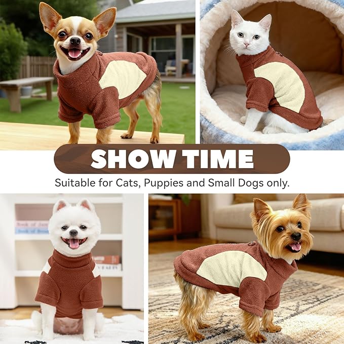 Small Fleece Dog Sweater with Leash Ring Soft Warm Fall Winter Dog Clothes Cute Cat Apparel Puppy Sweaters Classic Pullover Doggy Sweatshirts Chihuahua Costumes Cat Outfits(Brown,M)
